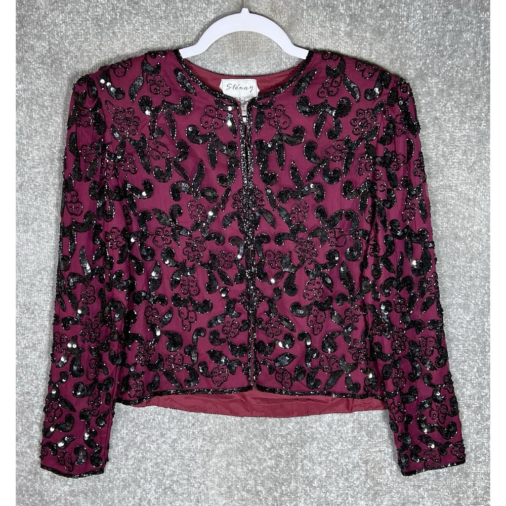 Vintage Stenay Silk Cardigan Womens Size Small Beaded Sequin Floral Hook‎ & Eye